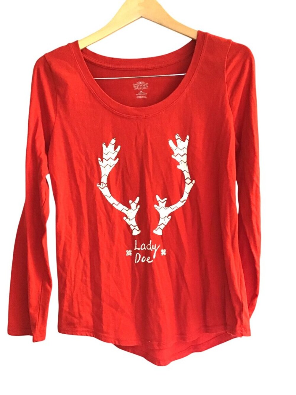 WONDERSHOP- WOMENS RED LONG SLEEVE CREW NECK FRONT GRAPHIC SHIRT SIZE X-LARGE
